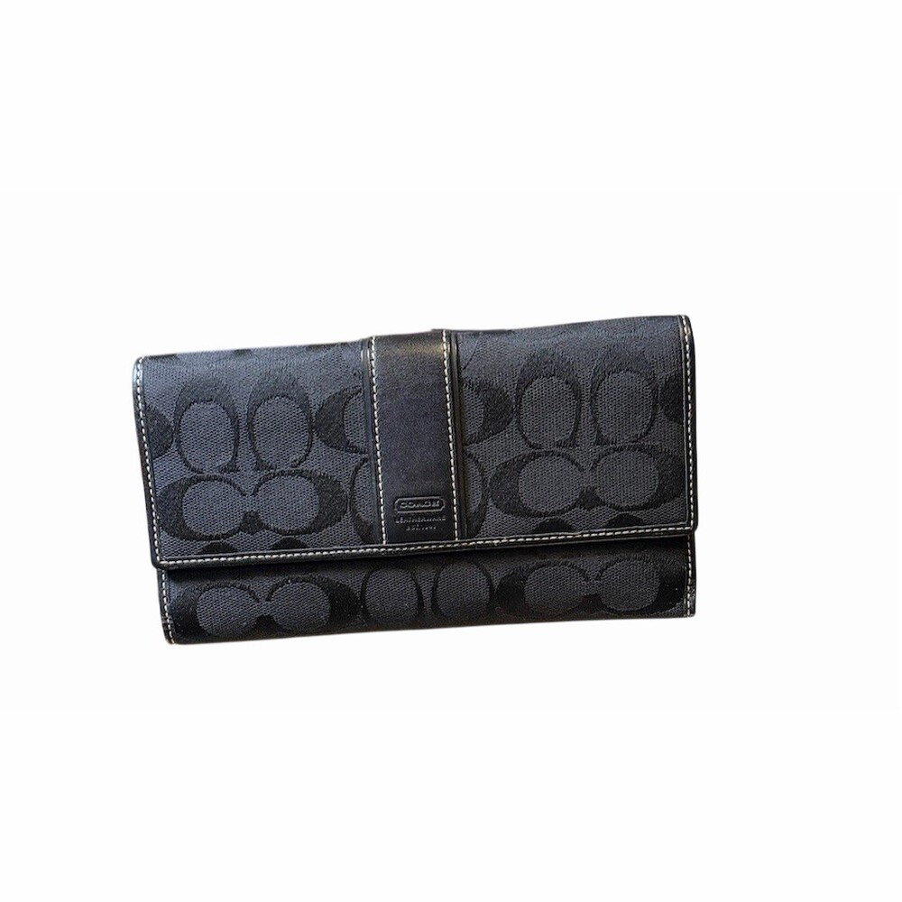 Coach Signature C Long Wallet In Black And Gray Canvas And  Leather